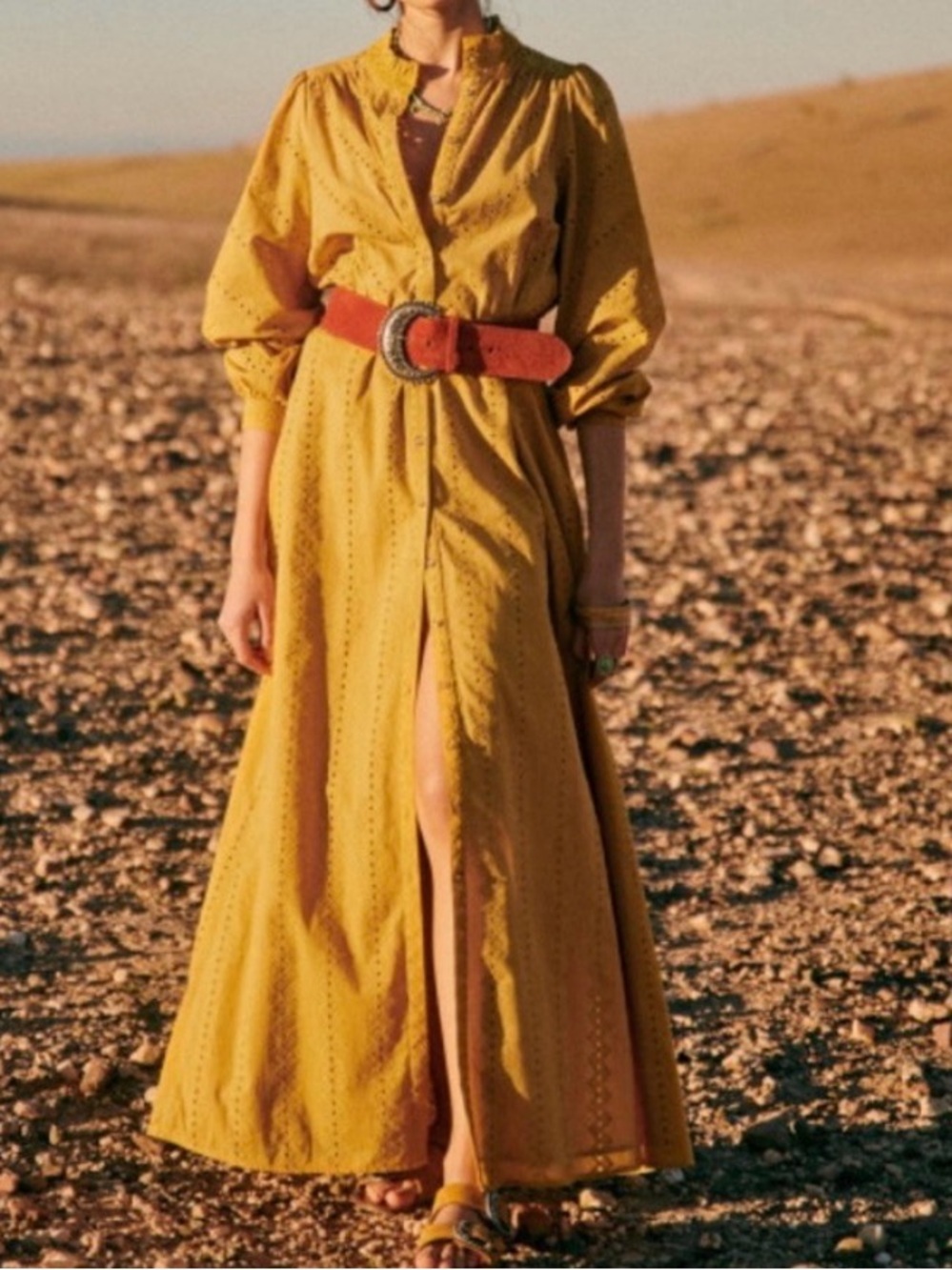 SEZANE Havane eyelet button down maxi embroidered dress in ochre MISSING BELT